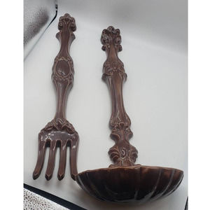 1970's MCM Brown Ceramic Wall Hanging - Set of 2 Fork and Ladle - LARGE 16” -